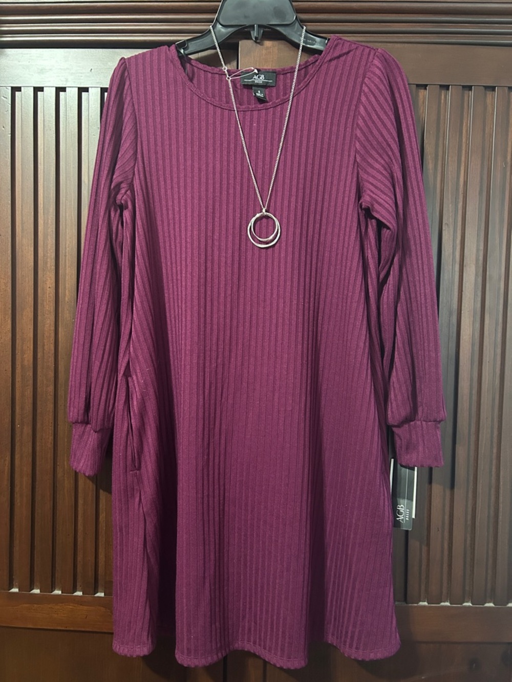 AGB Plum Ribbed Long-Sleeve A-Line Dress